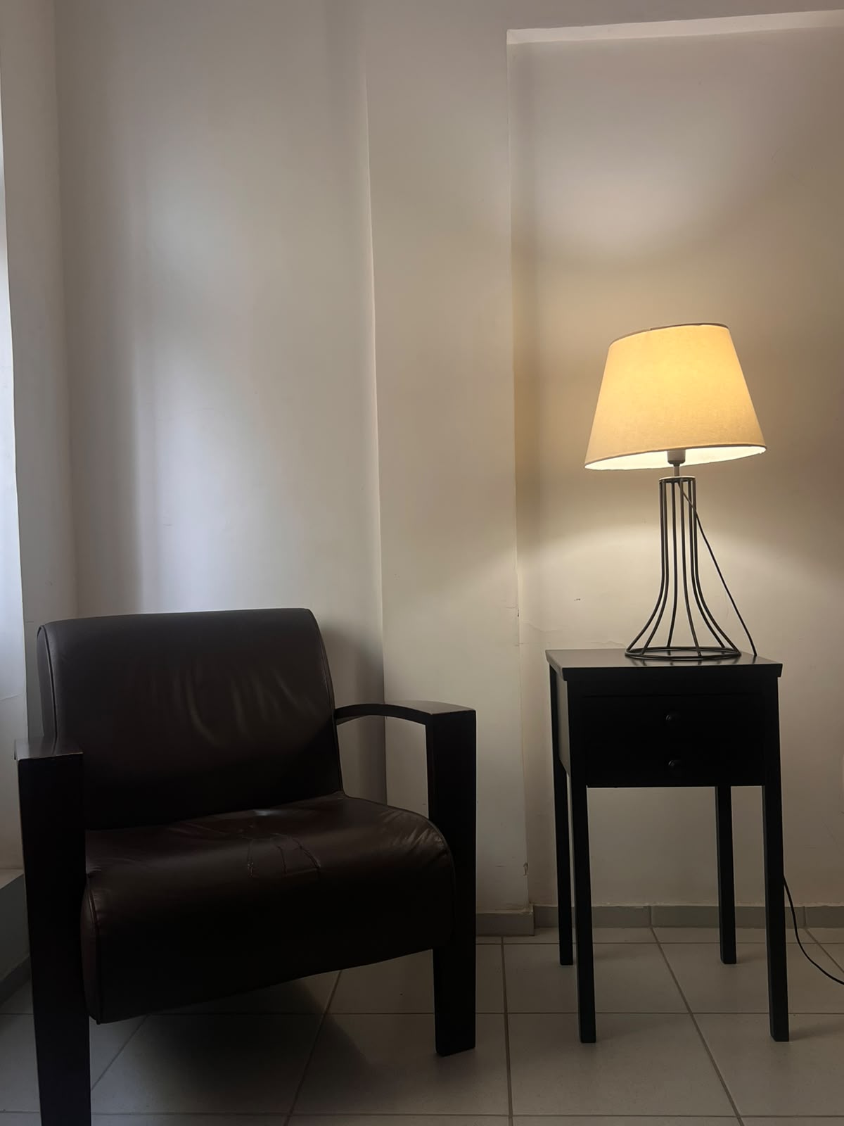 Sala de estar aconchegante com um divã rosa, luminária quente, relógio vintage e obras com temas de psicanálise